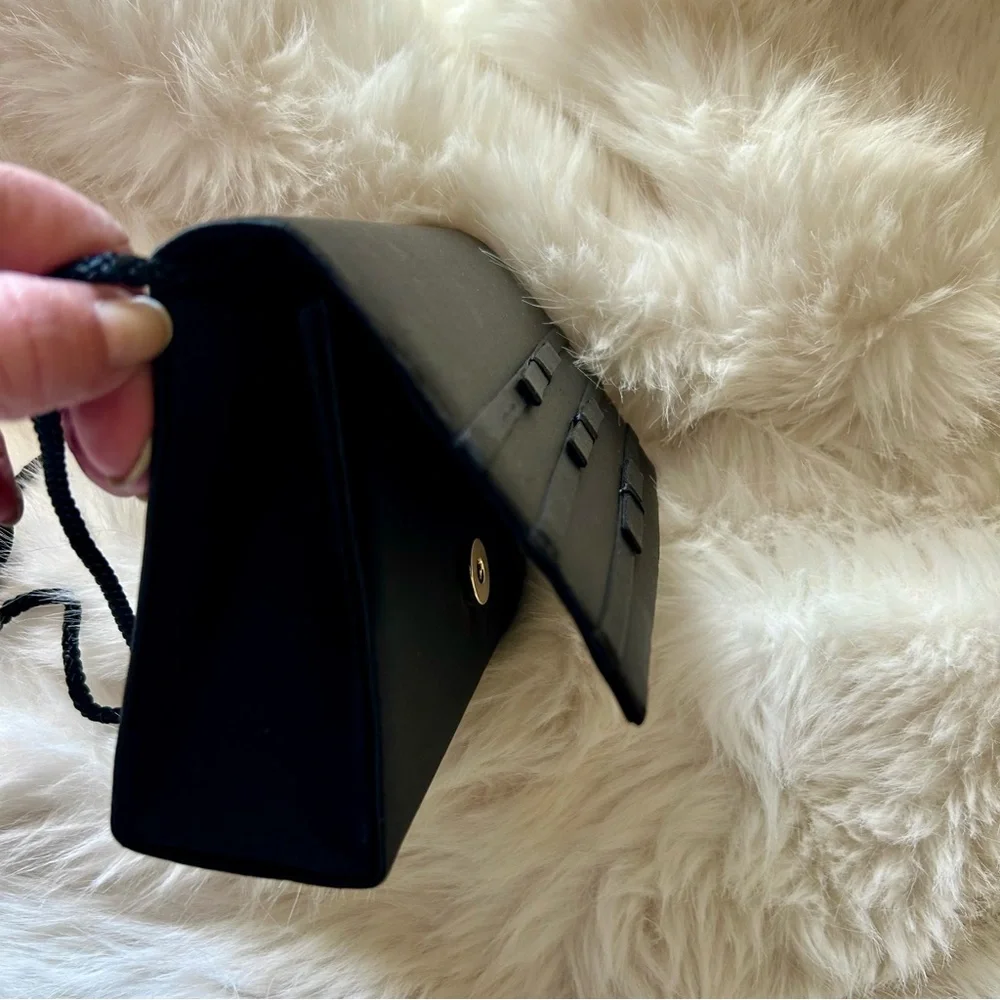 Vintage MCM La Regale Black Satin Evening Bag Flat Bows Snap Close Clutch Strap